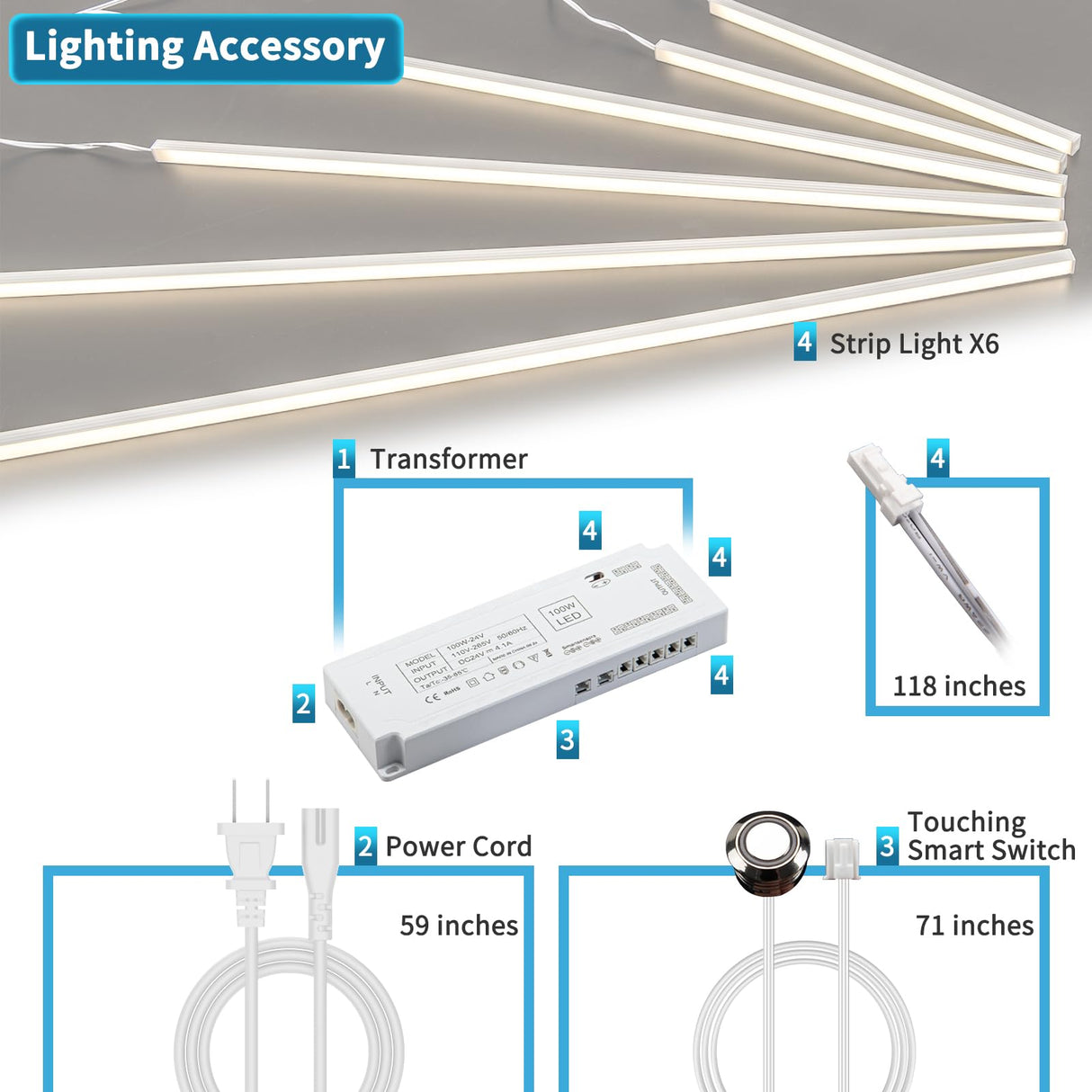 Art3d LED Recessed Lighting Kit - 6pcs Self-adhesive White LED Light with Smart Switch, 3000k Touching Switch Light for Wood Slat Wall Panels, Headboards, Stairs, Home decor, Under Cabinet Strip Light Art3d