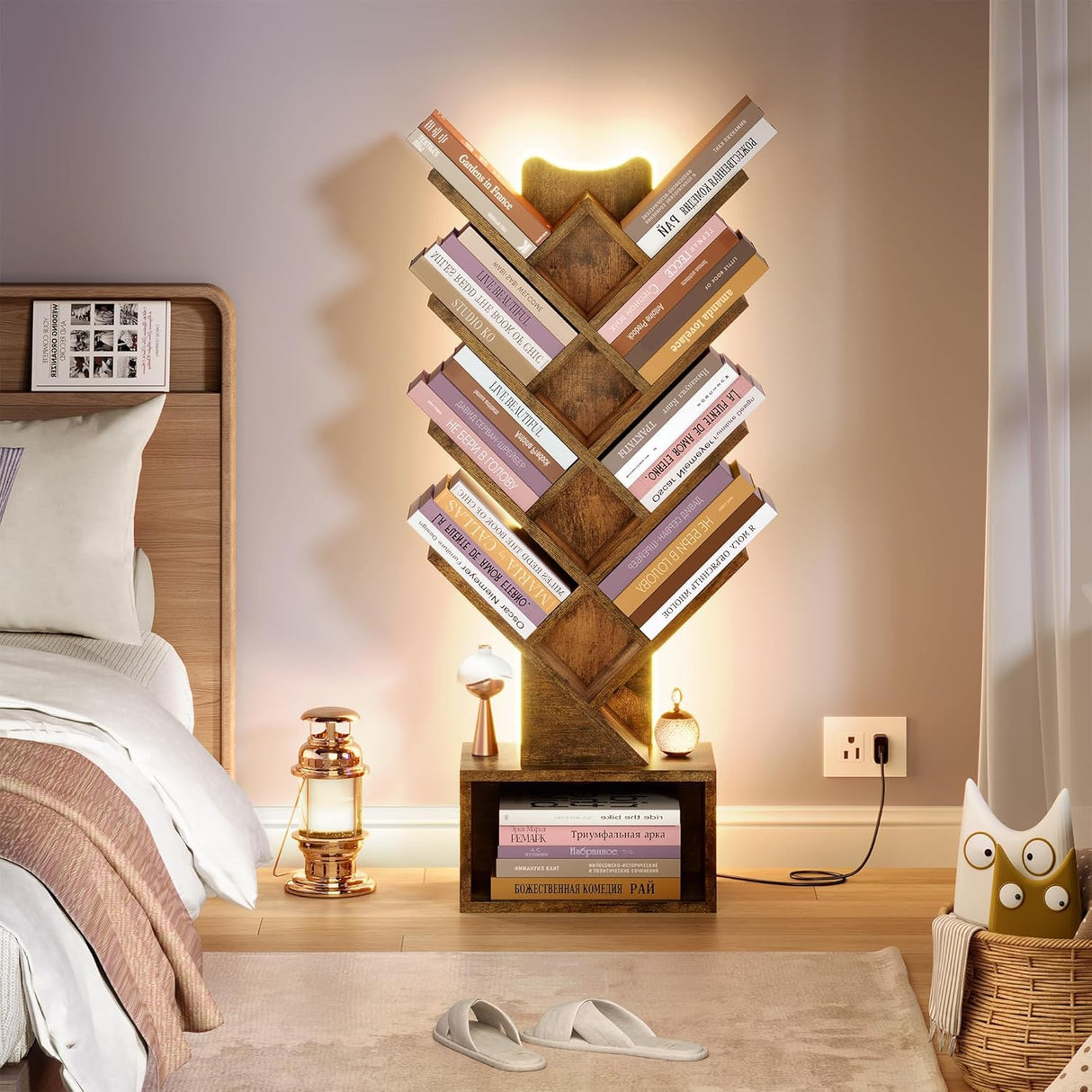 Gewudraw Tree Bookshelf with Lights LED, 4 Tier Book Shelf, Small Tree Bookcase with Storage Organizer,Floor Standing Corner Bookshelf for Bedroom, Living Room & Home Office, Rustic Brown Gewudraw