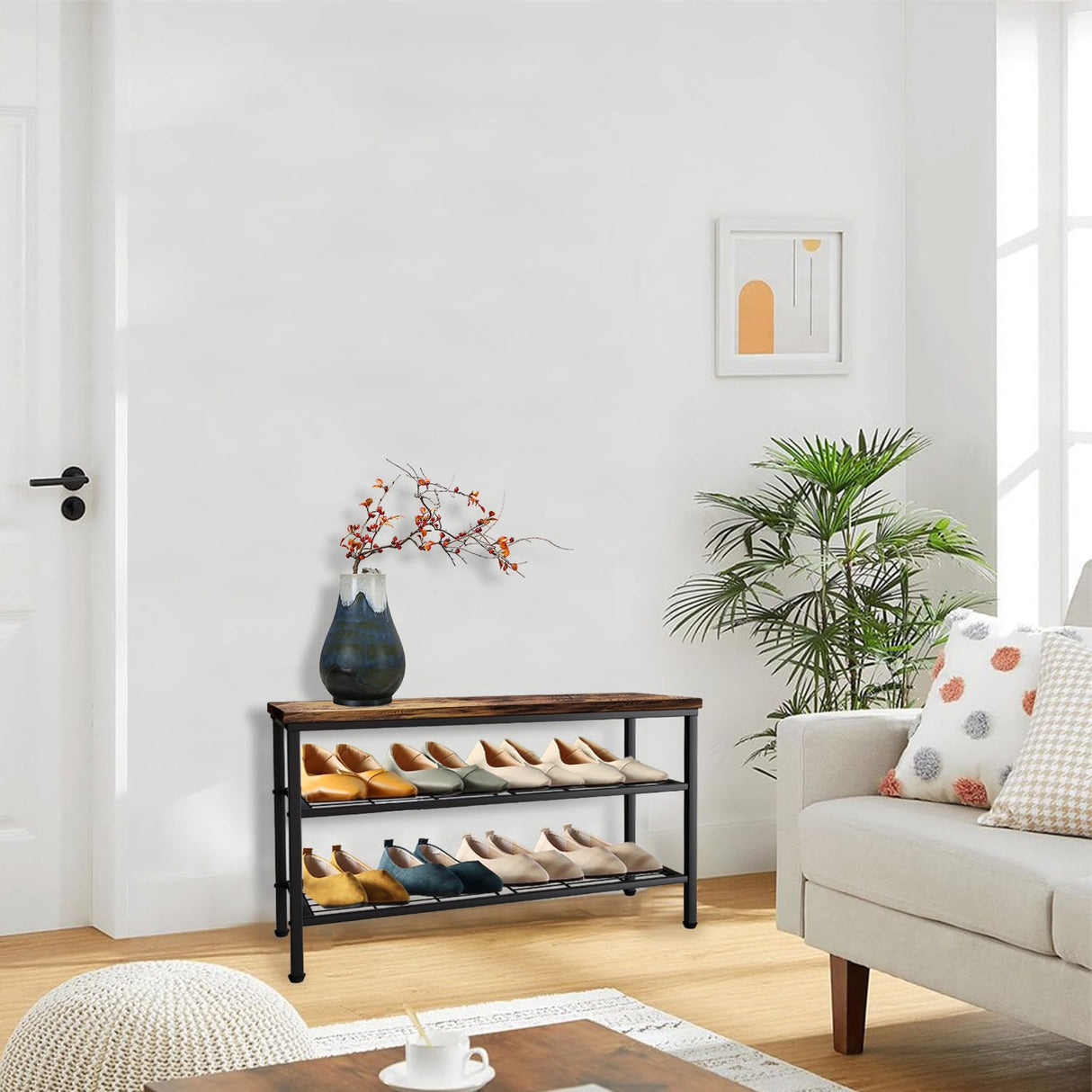 Glynym 3-Tier Metal Shoe Rack with Wood Top - Durable & Space-Saving Shoe Organizer,Industrial Shoe Organizer Shelf Bench Storagefor Closet Entryway, Bedroom & Hallway - Bronze + Black 28.5 W × 18" H Glynym