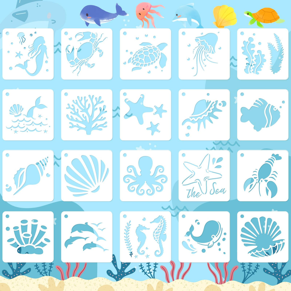JULMELON Sea Life Stencils - 20pcs DIY Pattern Stencils for Wall, Floor Decor & Rock Painting Art Projects (3inch) JULMELON