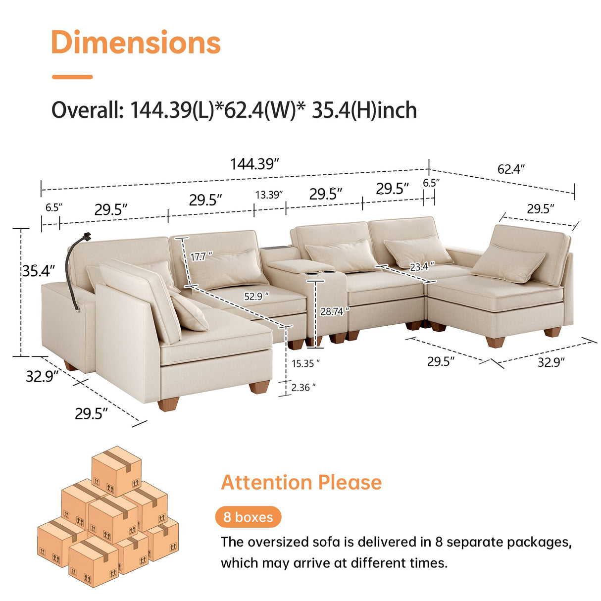 Modular Sectional Sofa, Sectional Couches for Living Room, L/U Shaped Sofa with Storage and Phone Holder, Modular Couch with Multi-Functional Console, USB Charging, Cup Holders (Beige, 6-seats) Pingliang Home