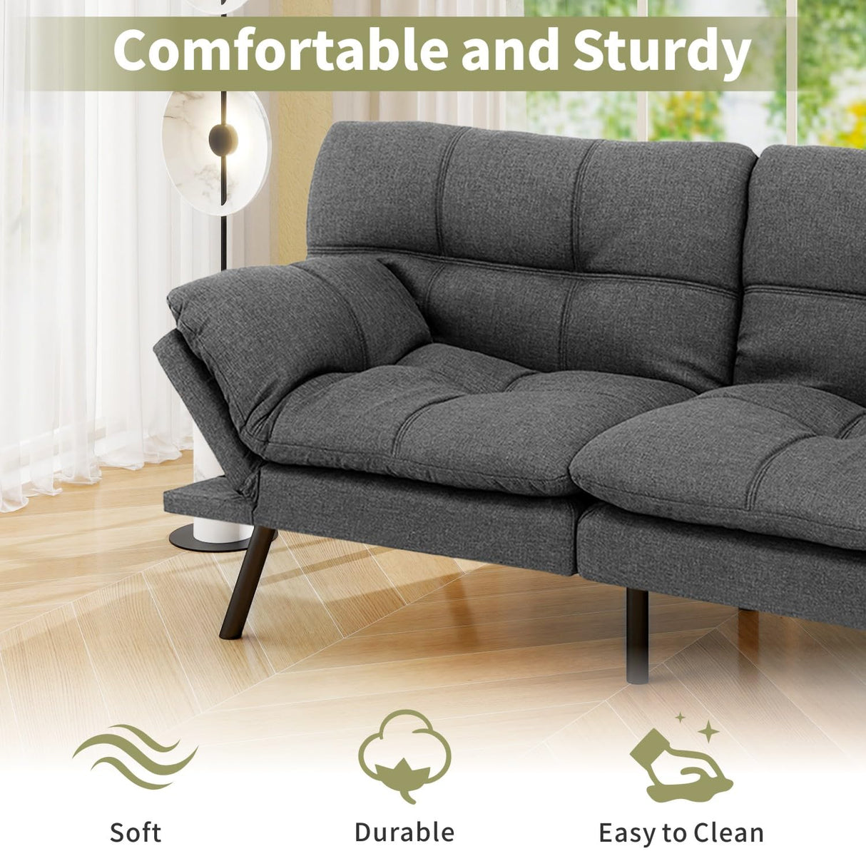 Vipbear 71" Futon Sofa Bed - Convertible Sofa Beds/Adjustable Backrest & Armrest,Detachable Cushion, Loveseat Sleeper for Small Spaces, Apartments & Offices, Grey Futons Vipbear