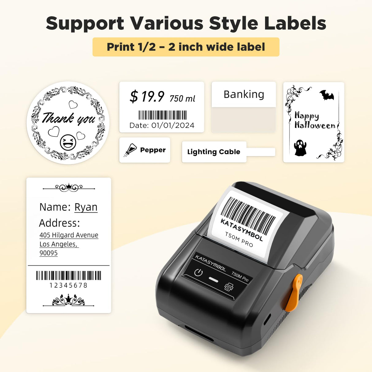 SUPVAN T50M Pro Bluetooth Label Maker Machine with Tape, Wide Waterproof Label, Versatile App with 40 Fonts and 450+ Icons, Inkless Labeler for Home, Kitchen, School, Office Organization, Black SUPVAN
