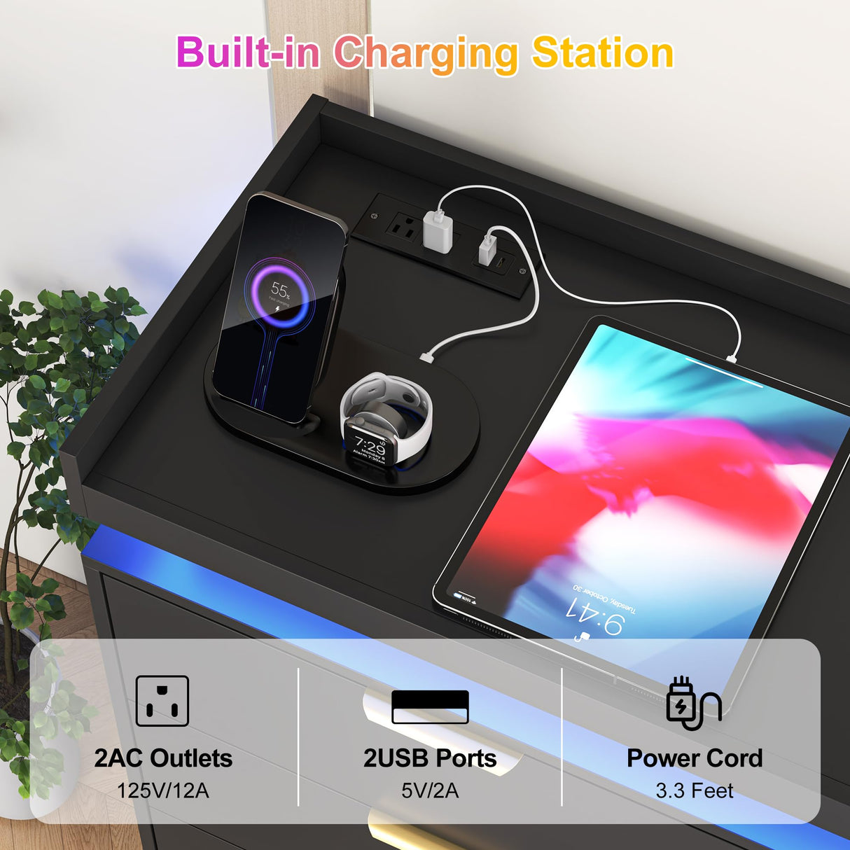 knoworld 8 Drawer Dressers for Bedroom, Black Dresser with LED Lights and Power Outlet, Wood LED Dresser, Double Wide Modern Chest of Drawers for Bedroom, Entryway, Hallway knoworld