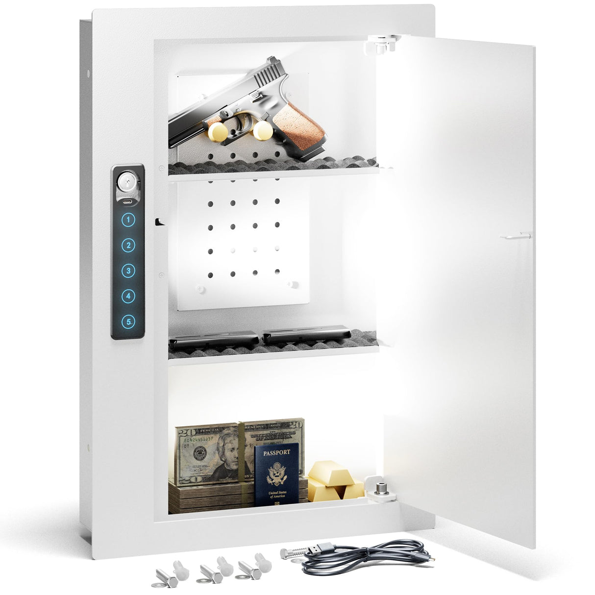 Grimtron Quick Access Wall Gun Safe with Removable Pegboard & Shelfs, Flat Hidden White Wall Safes Between the Studs 16" Centers, Wall Mount Safe for Handgun, Clips, Valuables Grimtron