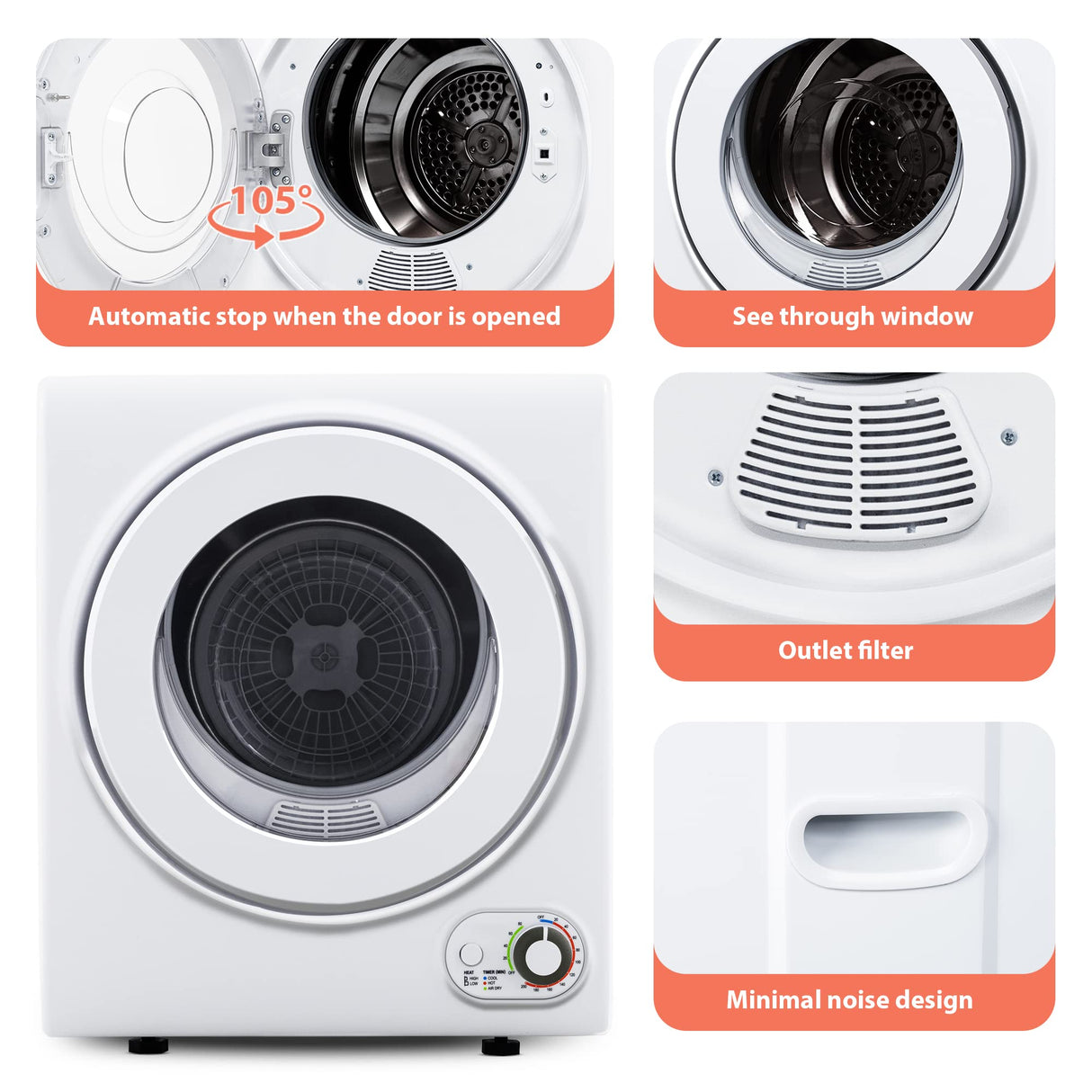 Euhomy 110V Portable Clothes Dryer 850W Compact Laundry Dryers 1.5 cu.ft Front Load Stainless Steel Electric Dryers Machine with Stainless Steel Tub for Apartment,RVs,Dorms,White Easy Control EUHOMY