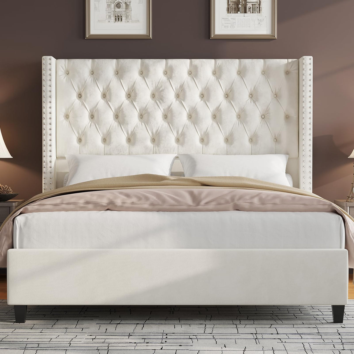 Jocisland Queen Size Bed Frame Velvet Upholstered Platform Bed with 51.6" Tall Wingback Headboard Deep Button Tufted, No Box Spring Needed, Cream Jocisland