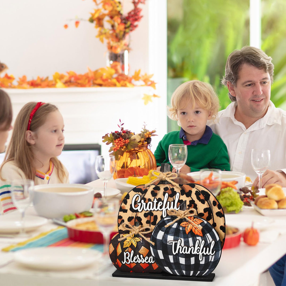 Soaoo Fall Pumpkin Sign Decoration 11 Inch Wooden Pumpkin Table Centerpiece Thanksgiving Autumn Pumpkin Tabletop Sign Blessed Grateful Thankful Sign for Thanksgiving Fall Harvest Home Farmhouse Decor Soaoo