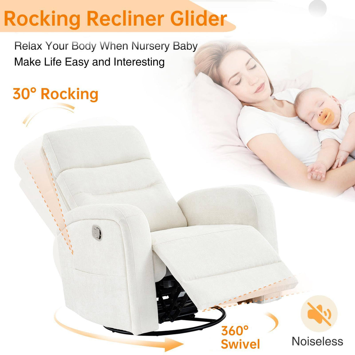 Swivel Rocker Recliner for Adult, Upholstered Recliner Glider Nursery Chair, Manual Fabric Rocking Recliners for Living Room, Bedroom, Chenille White BaseBeauty