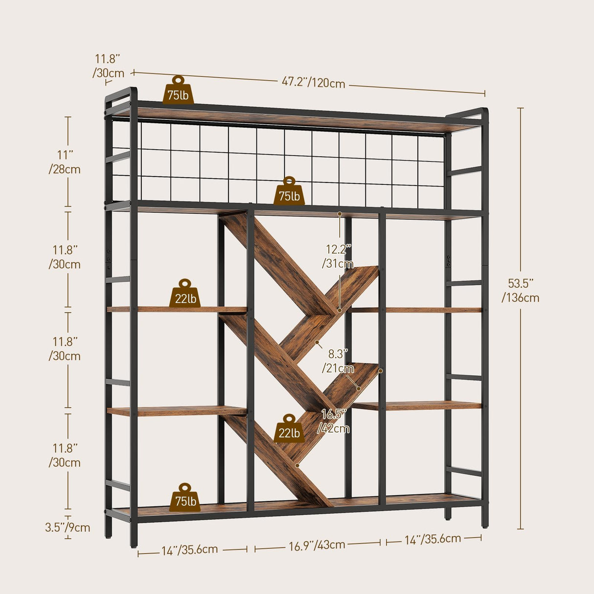 RALGEND Triple 5-Tier Bookshelf, Industrial Large Bookcase with 14 Open Display Shelves, Modern Tree Bookcase with Metal Frame and Hanging Function for Living Room, Home Office, Rustic Brown and Black RALGEND