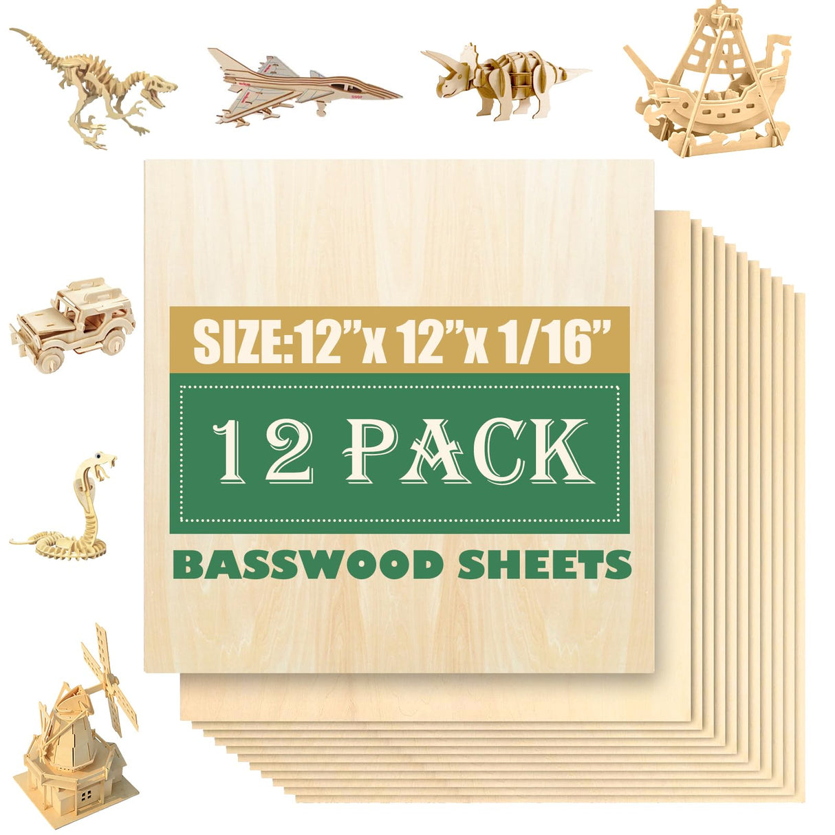 12 Pack 12"x12"Basswood Sheets 1/16",1.5mm Basswood for Laser Cutting,Craft Wood,Unfinished Wood,1.5mm Plywood for Laser Cutting,Wood for Laser Cutting and Engraving,1/16 Plywood for Laser Cutting QSJQllo