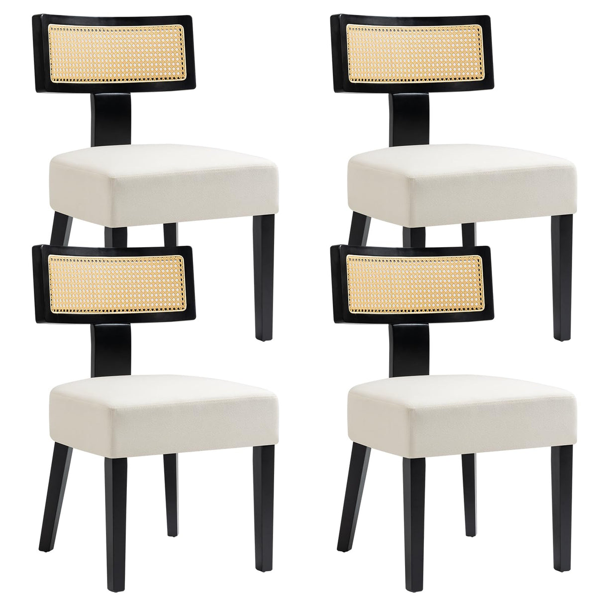 WQSLHX Linen Upholstered Farmhouse Dining Chairs Set of 4, Modern Rattan Dining Room Chairs with Wood Legs, Curved Backrest Kitchen Chairs Armless Accent Chairs for Living Room, Cream WQSLHX