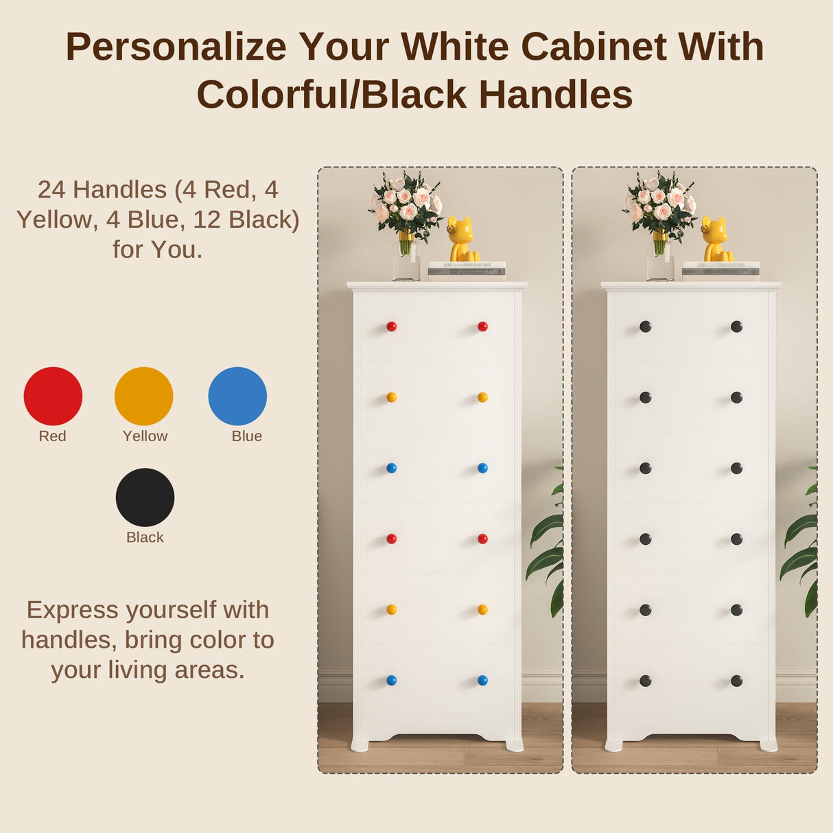 LIKIMIO Small Dresser Tall, 6 Drawer Tall Skinny Dresser with Colorful Handles, Chest of Drawers for Bedroom, 51.5" H Modern Wooden Floor Storage Cabinet with Metal Sliding Rail, White LIKIMIO