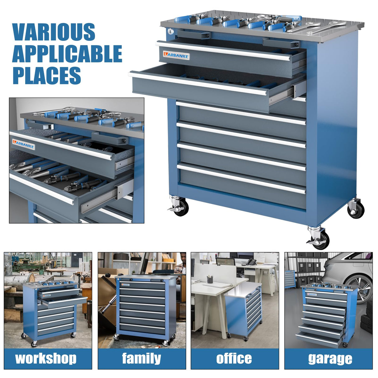 LARBANKE 7-Drawer Rolling Tool Chest with Stainless Steel Countertop,Tool Chest with Secure Locking System,Tool Cabinet with 360°Wheels and Padded Feet,for Home, Garage and Office LARBANKE