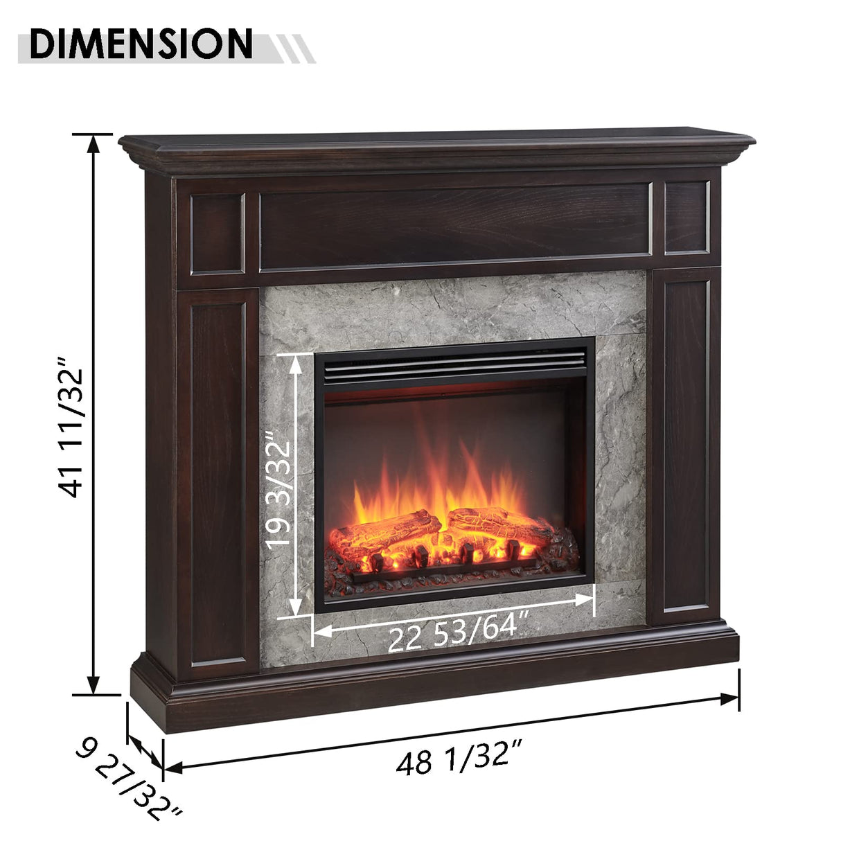 LegendFlame Fireplace Suite Sheraton, 48 Inch Mantel Surround, Espresso Oak with Light Grey Marble Finish, with 23 Inch Electric Fireplace Insert, 750W/1500W, Weekly Timer, Mood Light, Remote Control Legend Flame