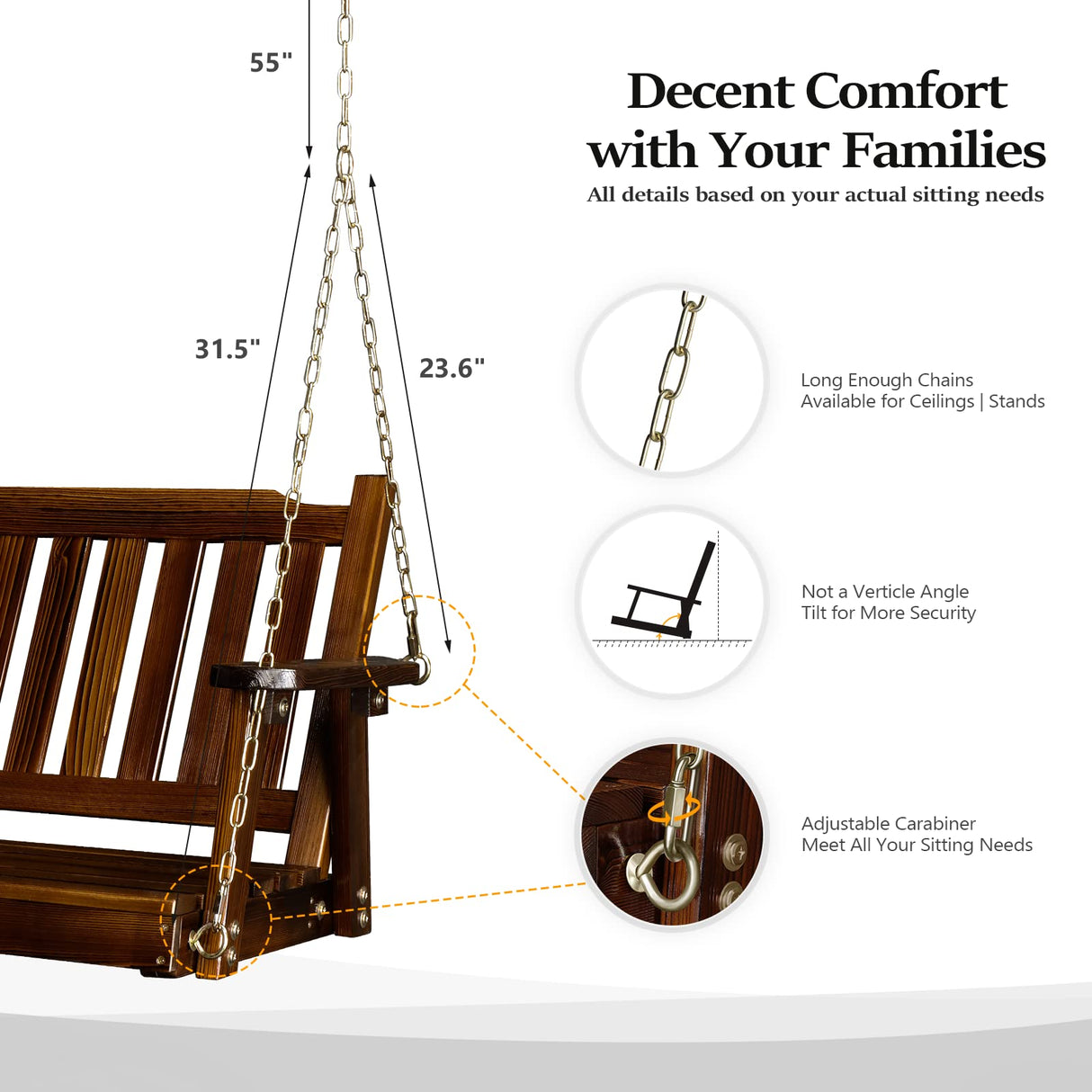 VINGLI Upgraded Heavy Duty 880 LBS 4 FT Patio Wooden Porch Swing Solid Fir Wood, Outdoor Handing Swing Bench for Garden | Yard | Balcony | Tree, Rustic VINGLI