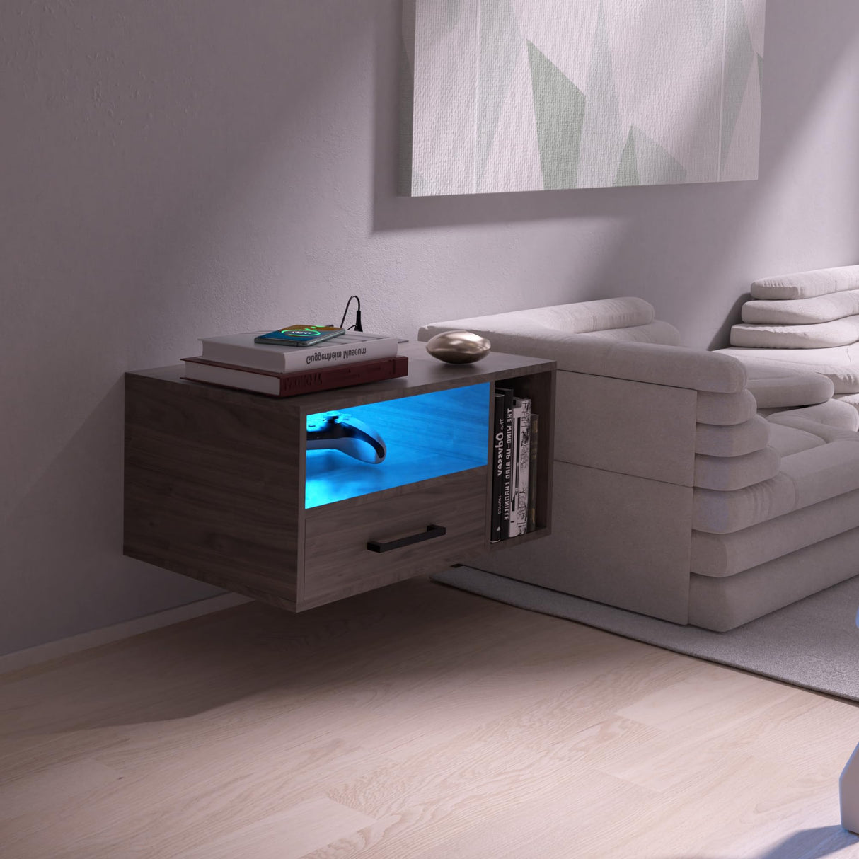 Bloddream Floating Nightstand with Charging Station and LED Light Strips, 21.3" Night Stand with Drawers, Floating Bedside with USB Ports and Outlets, Bedroom Furniture Bloddream