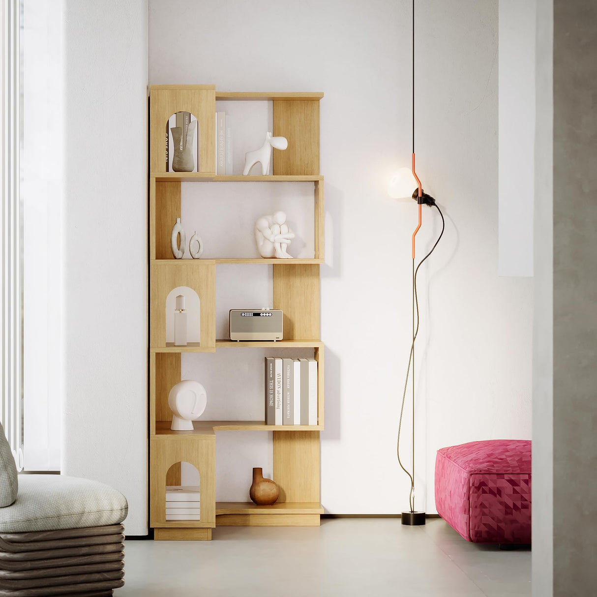 LIKEMET 6 Tier Corner Bookshelf, Tall L Shaped Bookcase, 68.5 Inches Wooden Corner Bookshelves with Arched Design, Freestanding Roomy Display Shelf Stand for Home Office LIKEMET