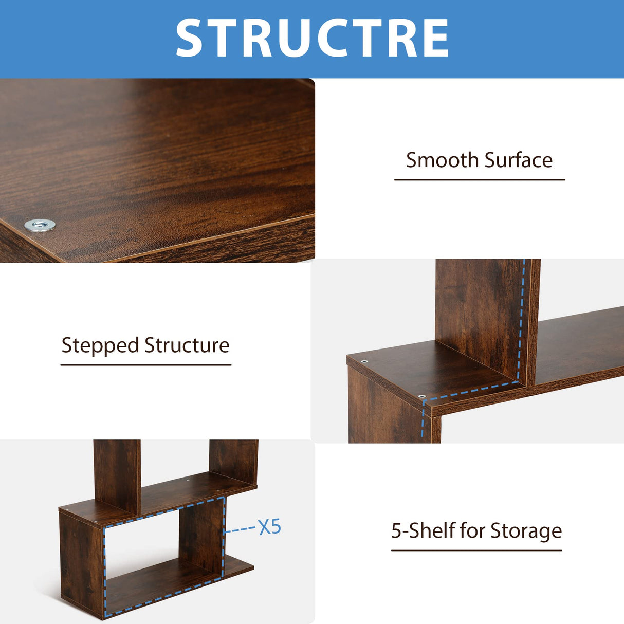 ZENY Geometric Bookcase, 5-Tier Bookshelf, S-Shaped Display Shelf and Room Divider, Freestanding Decorative Storage Shelving for Home Office, Rustic Brown ZENY