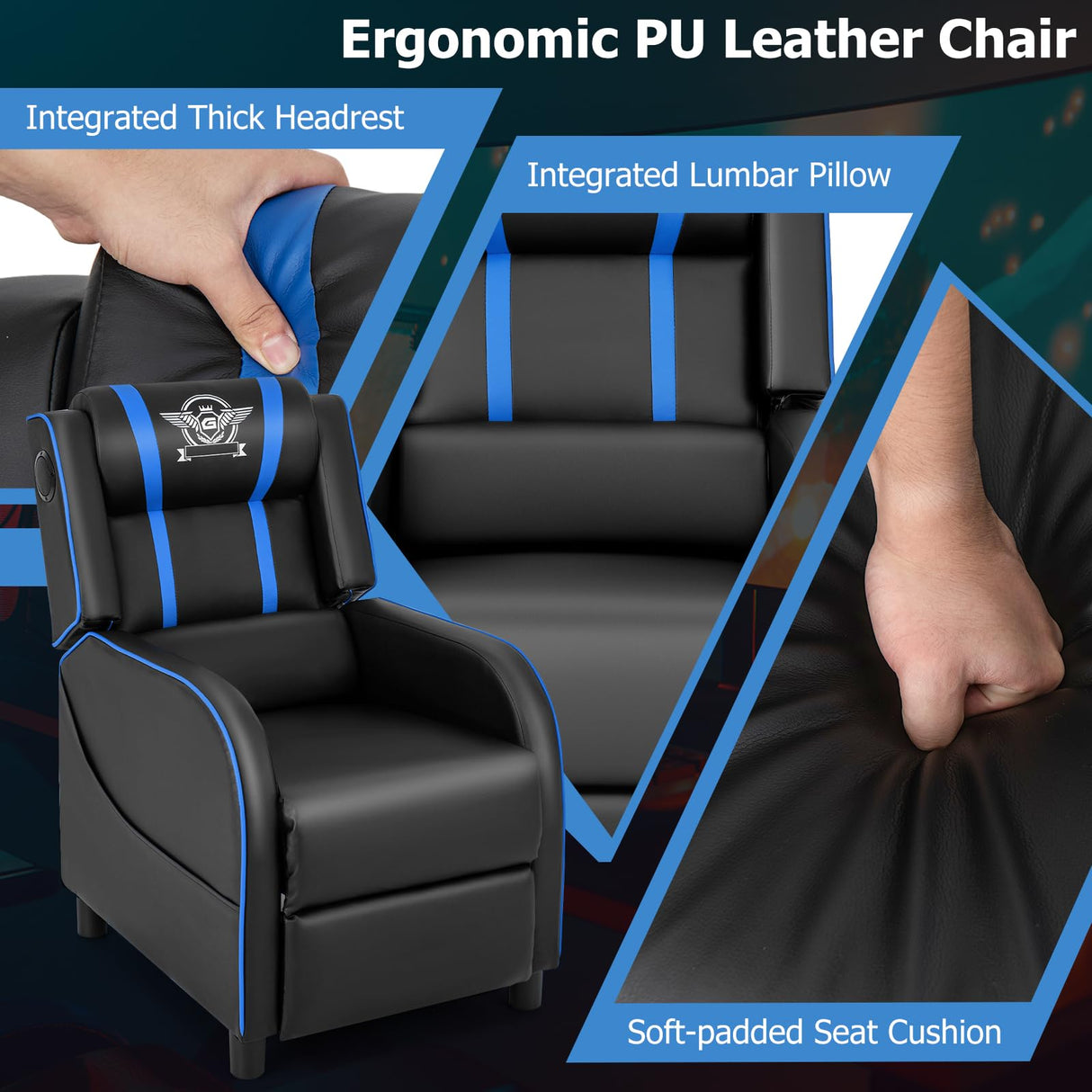 Giantex Gaming Massage Recliner Chair - Racing Style Gaming Sofa Chair with Reclining Backrest, Massage Lumbar Pillow, Retractable Footrest, Home Theater Seating with Bluetooth Speaker (Blue) Giantex