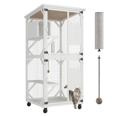 ROOMTEC Catio Outdoor Cat Enclosure - Large Wooden House with Roof, 71" H, 3 Jumping Platforms & 1 Napping House for Cats (White)