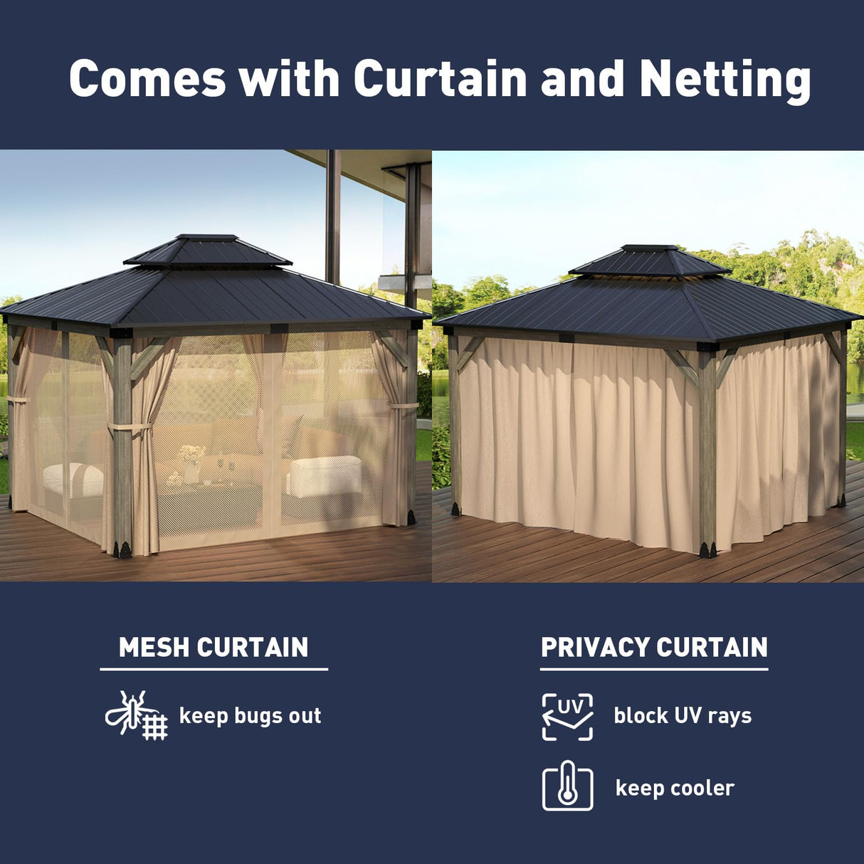 SUNBURY 10'x12' Outdoor Cedar Wood Gazebo, 2-Tier Metal Hardtop Wooden Frame Gazebo for Patio with Privacy Curtains and Mosquito Nettings for Gardens, Lawns, Backyard, Poolside (Grey Frame) SUNBURY