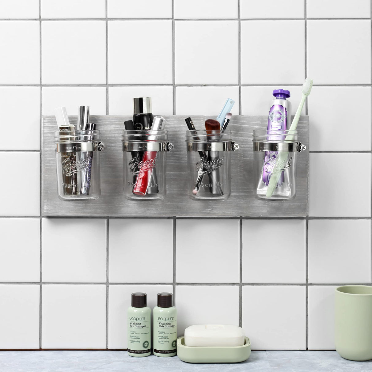 Besuerte Rustic Antique Mason Jar Organizer Hanging Wall Holder for Home Decor, Bathroom, Kitchen, Office, Farmhouse with 4-Jar,Gray Besuerte