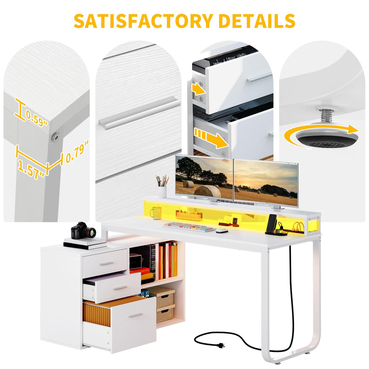 DWVO L Shaped Desk with Drawers, 55" Corner Computer Desk with Power Outlets & LED Lights, Home Office Desk with File Cabinet, White DWVO