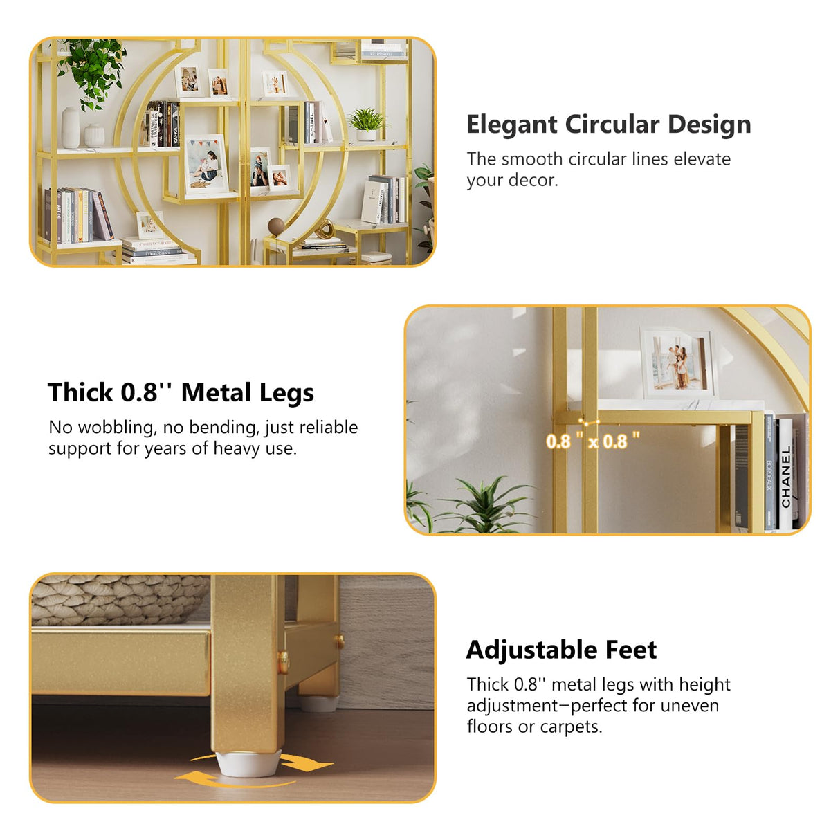 Modern Book Shelf, White and Gold Bookshelf, 70.8 Inch Tall Etagere Bookcase, Set of 2 Geometric Display Shelves for Living Room, Bookcases/Bookshelf with Metal Frame for Home Office HolliWill