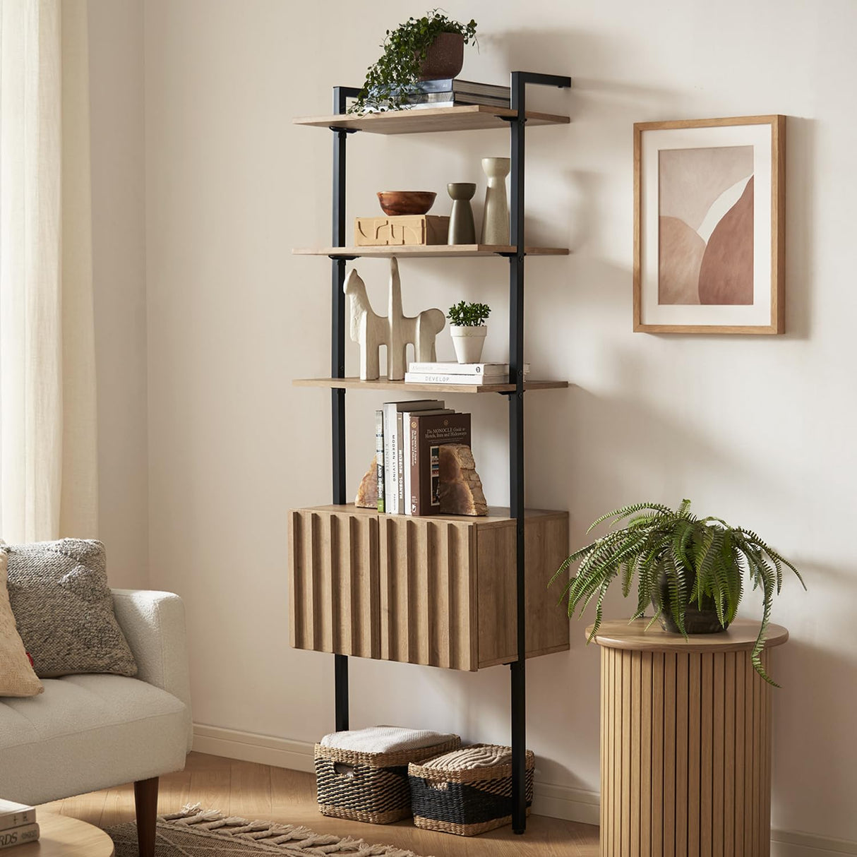 mopio Norwin Ladder Book Shelf, Wall Bookshelf, Farmhouse Industrial Bookcase, Narrow Slim Organizer Display Shelves, Living Room, Bedroom (3-Tier Shelf Cabinet) mopio