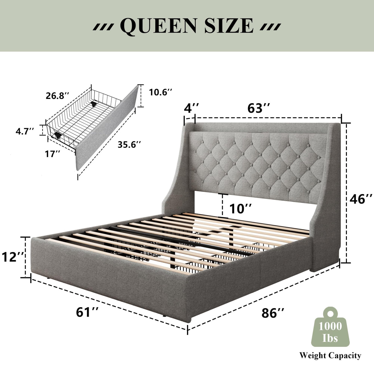 Feonase Queen Size Bed Frame with 4 Storage Drawers, Upholstered Storage Bed with Charging Station, Tufted Wingback Storage Headboard, No Box Spring Needed, Light Grey, FEO737 Feonase