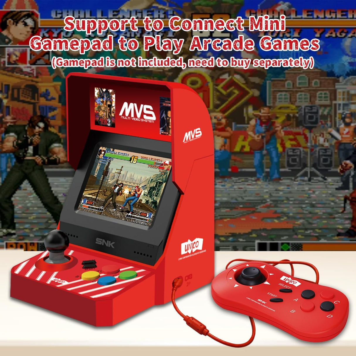 UNICO SNK MVS Mini Home Arcade Machine, 45 Pre-Loaded Classic SNK NeoGeo Games:10 KOF / 5 Metal SLUG / 7 FATAL FURY / 6 SAMURAI SHODOWN and More, 3.5inch Screen, HDMI and Gamepads Port UNICO