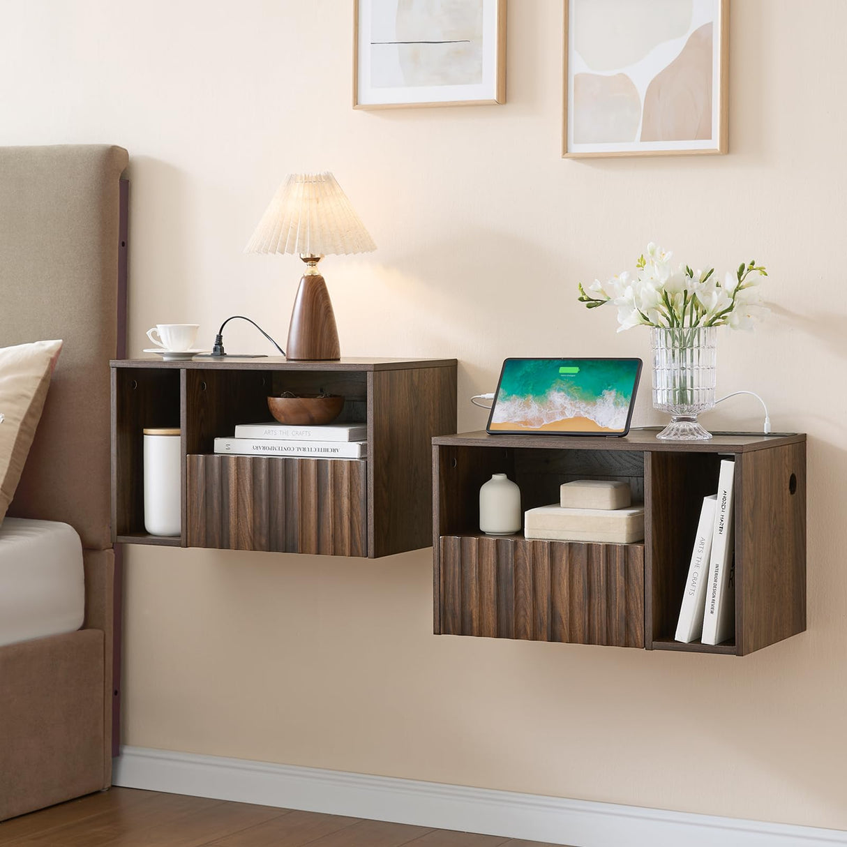 BuildHom Modern Walnut Fluted Floating Nightstand with Charging Station, NightStand with Drawers, Bedside with USB Ports and Outlets, Bedroom Furniture (Set of 2) BuildHom