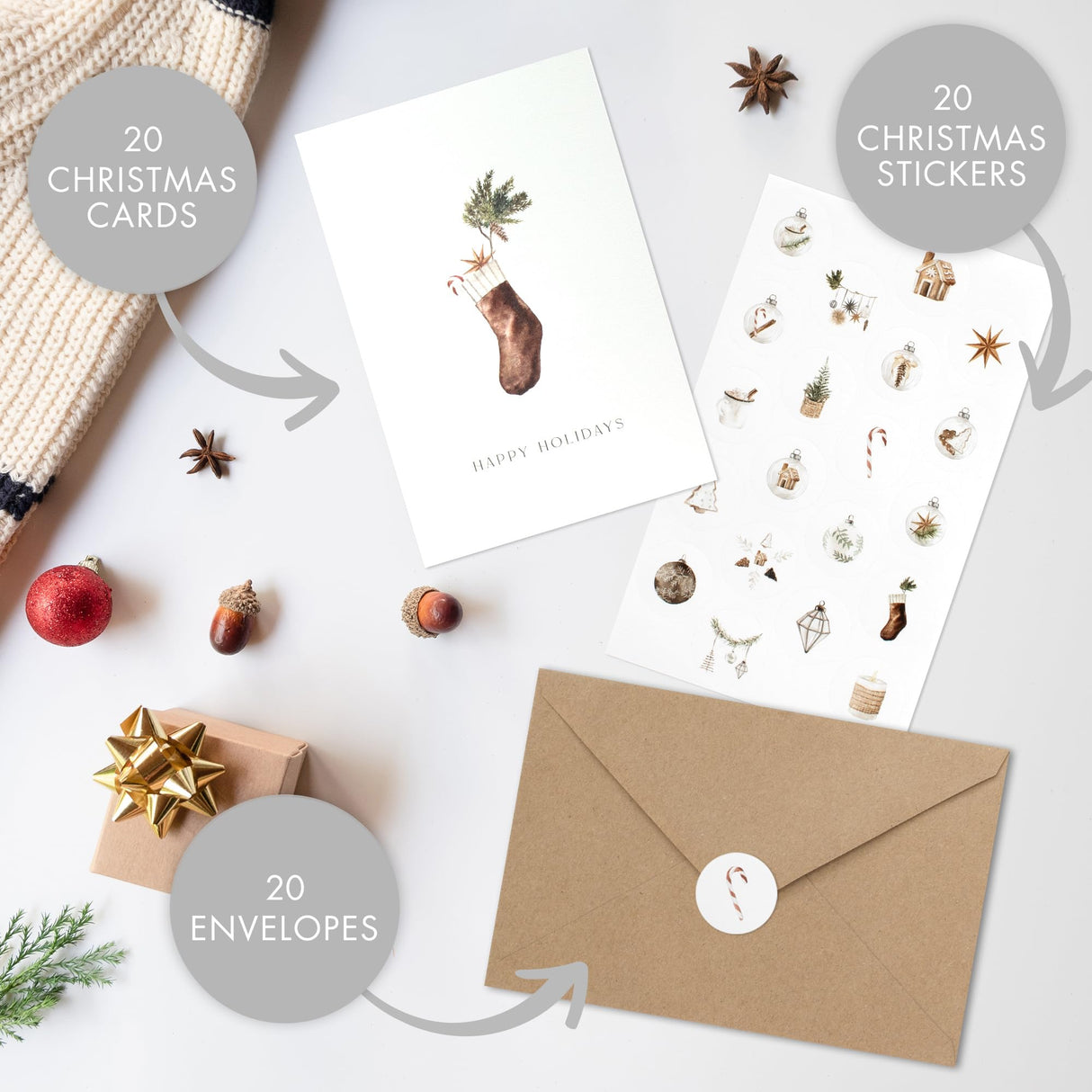 ZICOTO Beautiful Modern Rustic Christmas Cards Set of 20 - Incl. Bulk Envelopes, Matching Stickers And Storage Box - Perfect to Send Warm Holiday Wishes to Friends and Family ZICOTO