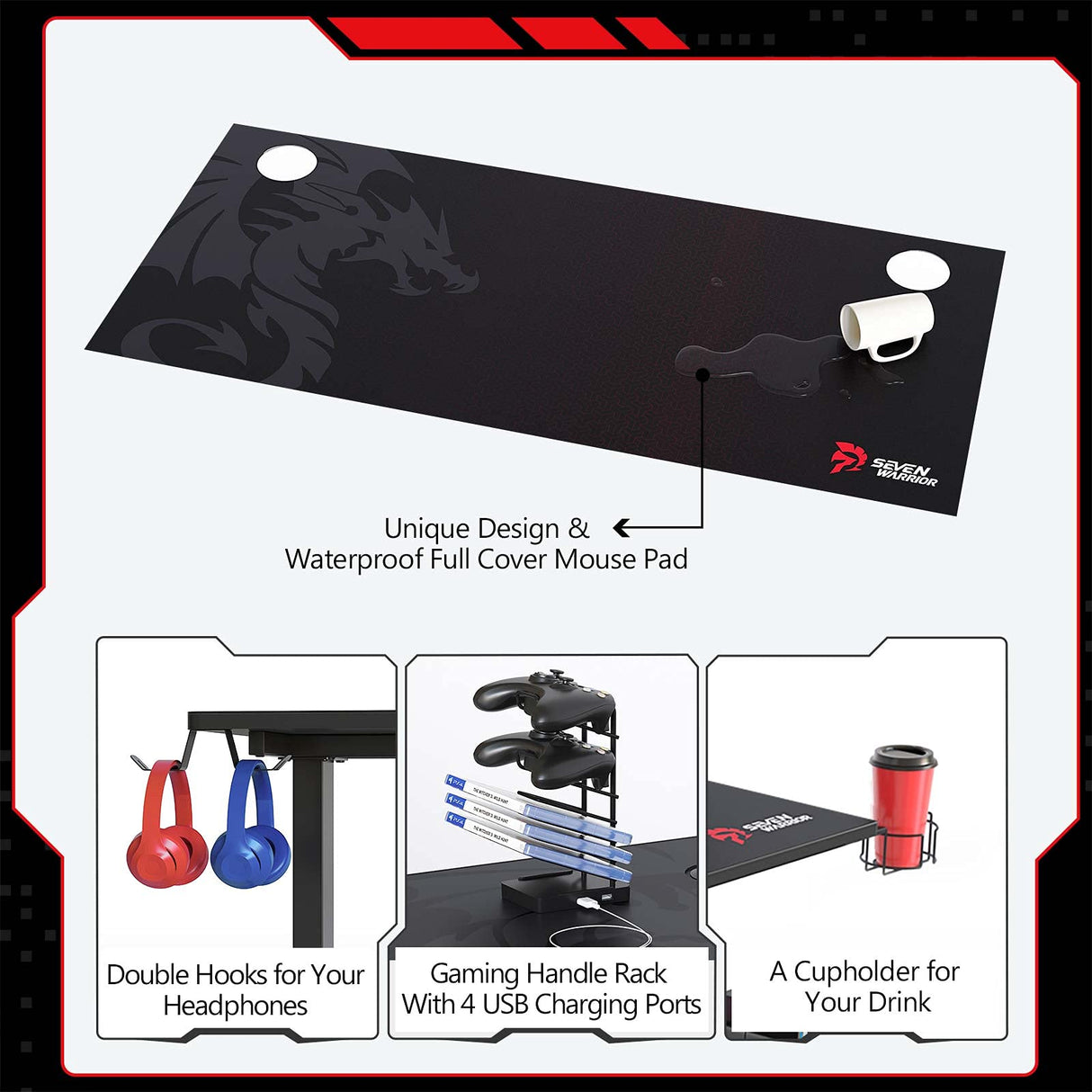 SEVEN WARRIOR Gaming Desk 55’’, T-Shaped Carbon Fiber Surface Computer Desk with Full Mouse Pad, Gamer Desk with Headphone Hook, USB Rack, Cup Holder SEVEN WARRIOR