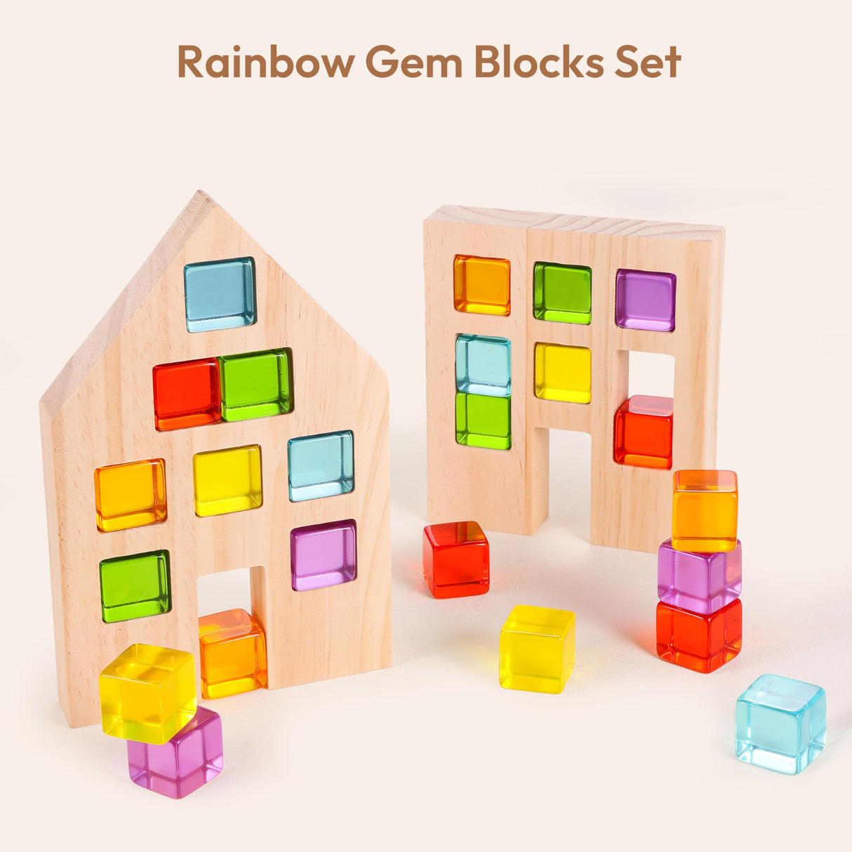 Woodtoe Wooden Building Blocks Set for Kids, 24 PCS Rainbow Gem Cubes Stacking Blocks - 2 Wood House, Montessori Stacking Toy for Toddlers, Educational STEM Birthday Toy for Boys Girls 3-6 Woodtoe