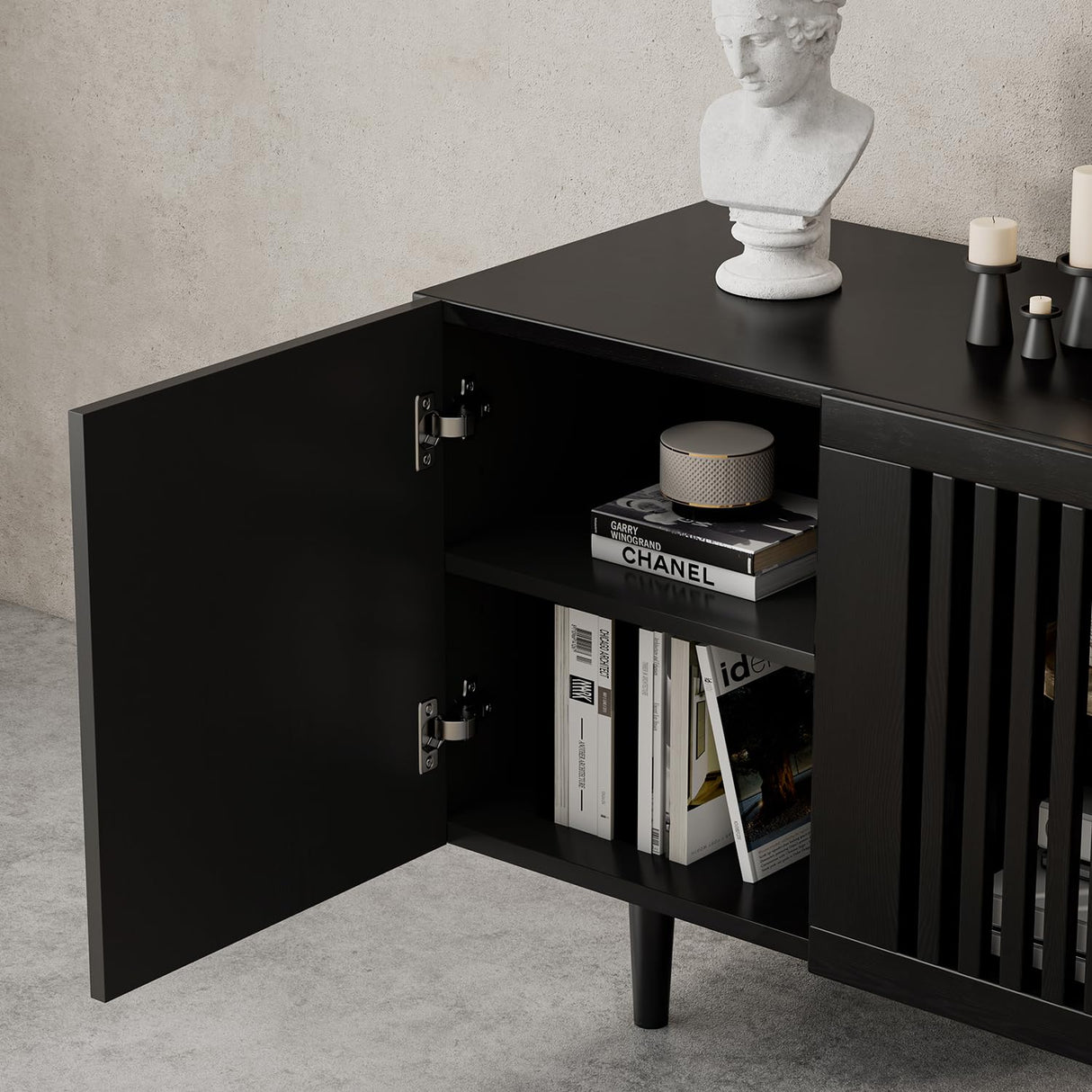 ROMMAK Boho TV Stand for 55-65 Inch TV, 4 Doors, Entertainment Center with Adjustable Shelf, TV Console with 4 Cabinets, Media Console, Solid Wood Feet, Cord Holes for Living Room, Bedroom, Black ROMMAK