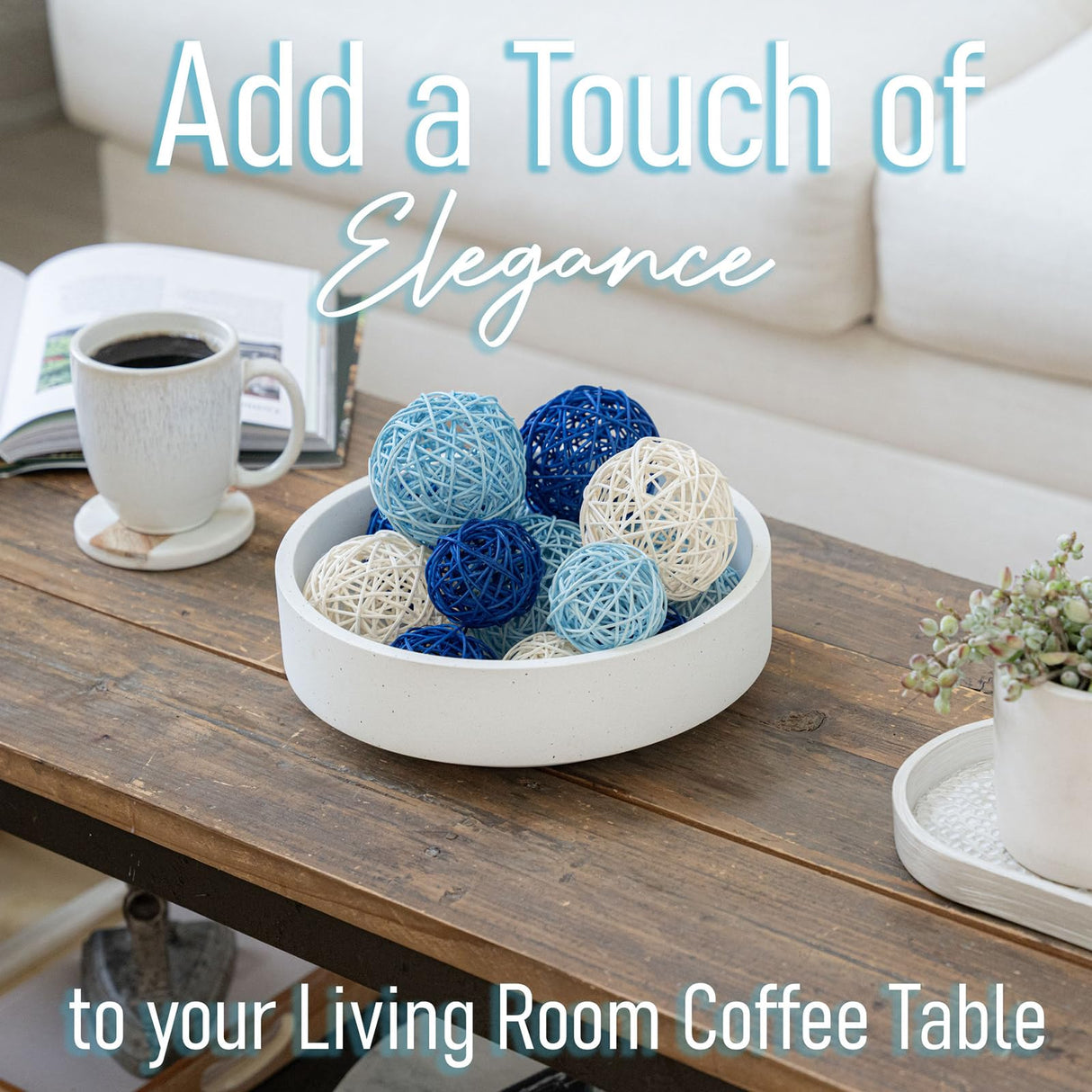 VELOVA Large White Concrete Decorative Bowl with 24 Decorative Balls, Fruit Key Holder Bowls Boho Modern Home Decor Accent for Dining Room Centerpiece Living Room Coffee Table Shelf Entryway Rattan VELOVA