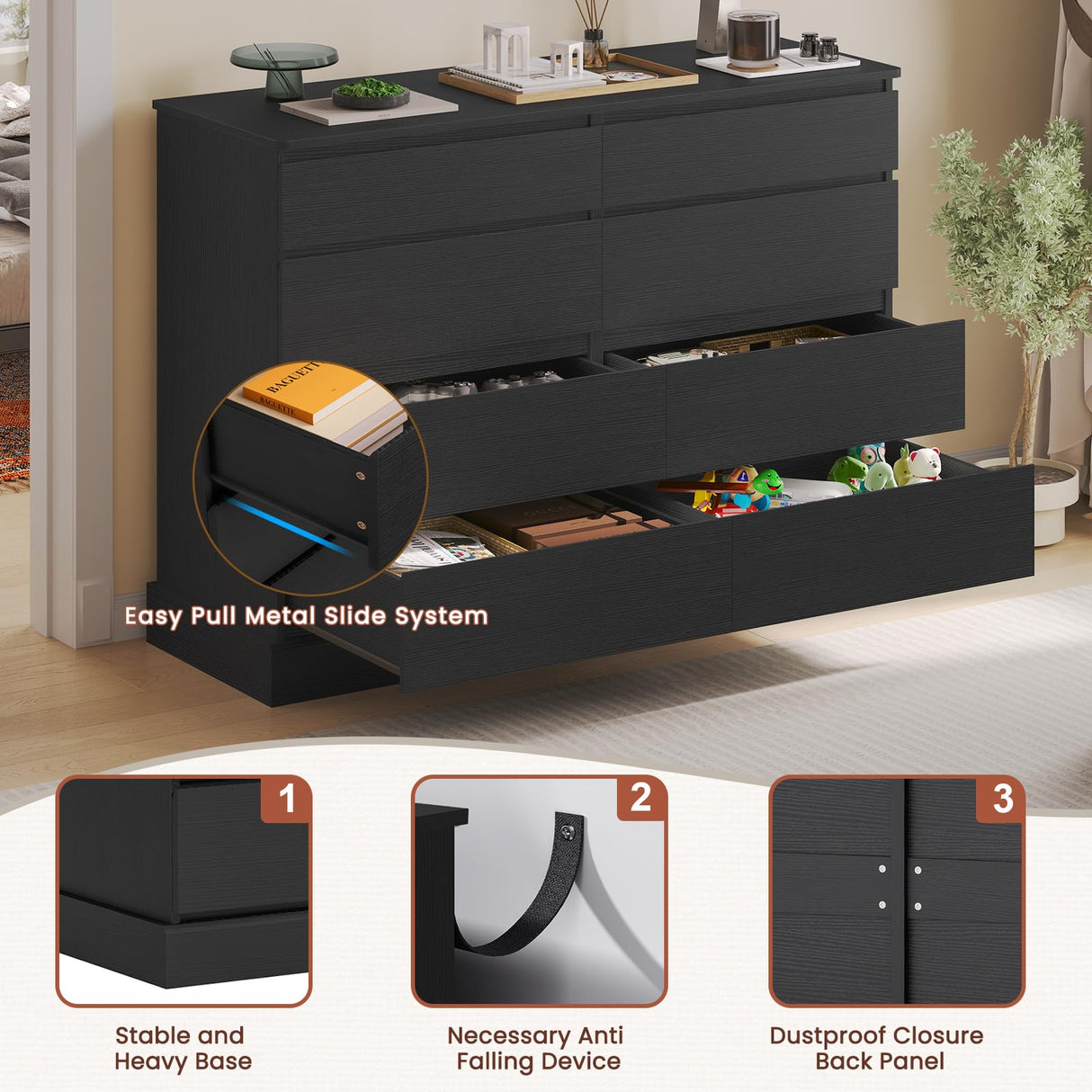 Hasuit Black Dresser for Bedroom, Long Dresser with 8 Drawers, 51.5''W Wooden Dresser Chest of 8 Drawers, Large Capacity Clothing Storage Cabinet, Wide Dresser for Bedroom Living Room Entryway Hasuit