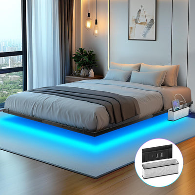 Tatub Queen Floating Bed Frame with LED Lights, Charging Station & Mattress Stabiliser