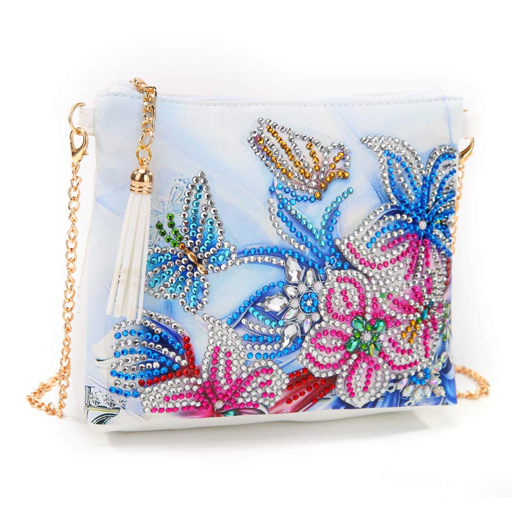 Diamond Painting Kits for Kids & Adult Cross-Body Handbag with Chain 5D DIY Rhinestone Cross Stitch Arts Craft Makeup Shoulder Bag Zipper for Christmas Gift Ross Beauty (Butterfly Flower) Ross Beauty