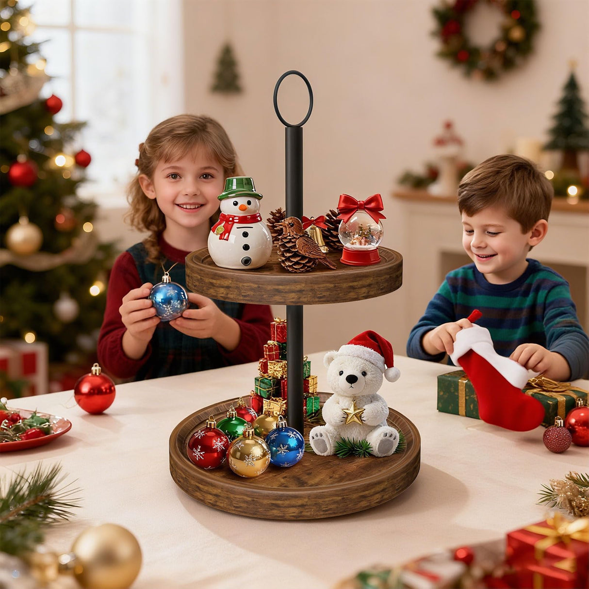 Tiered Tray Stand, Rustic Wooden Two Tier Decorative Tray with Metal Handle, Farmhouse 2 Tier Serving Tray, Round Cake Cupcake Stand for Coffee Bar Home Party Christmas Tiered Tray Decor(1-Pack) BIGNEWWANG