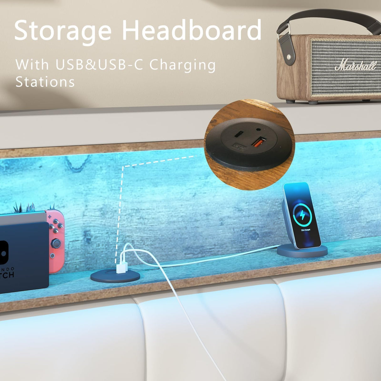 HOMBCK King Bed Frame with LED Lights, Velvet Upholstered Platform Bed with Storage Headboard and Charging Station, King Bed Frame with Diamond Design, Wood Slats Support, No Box Spring Needed, White HOMBCK