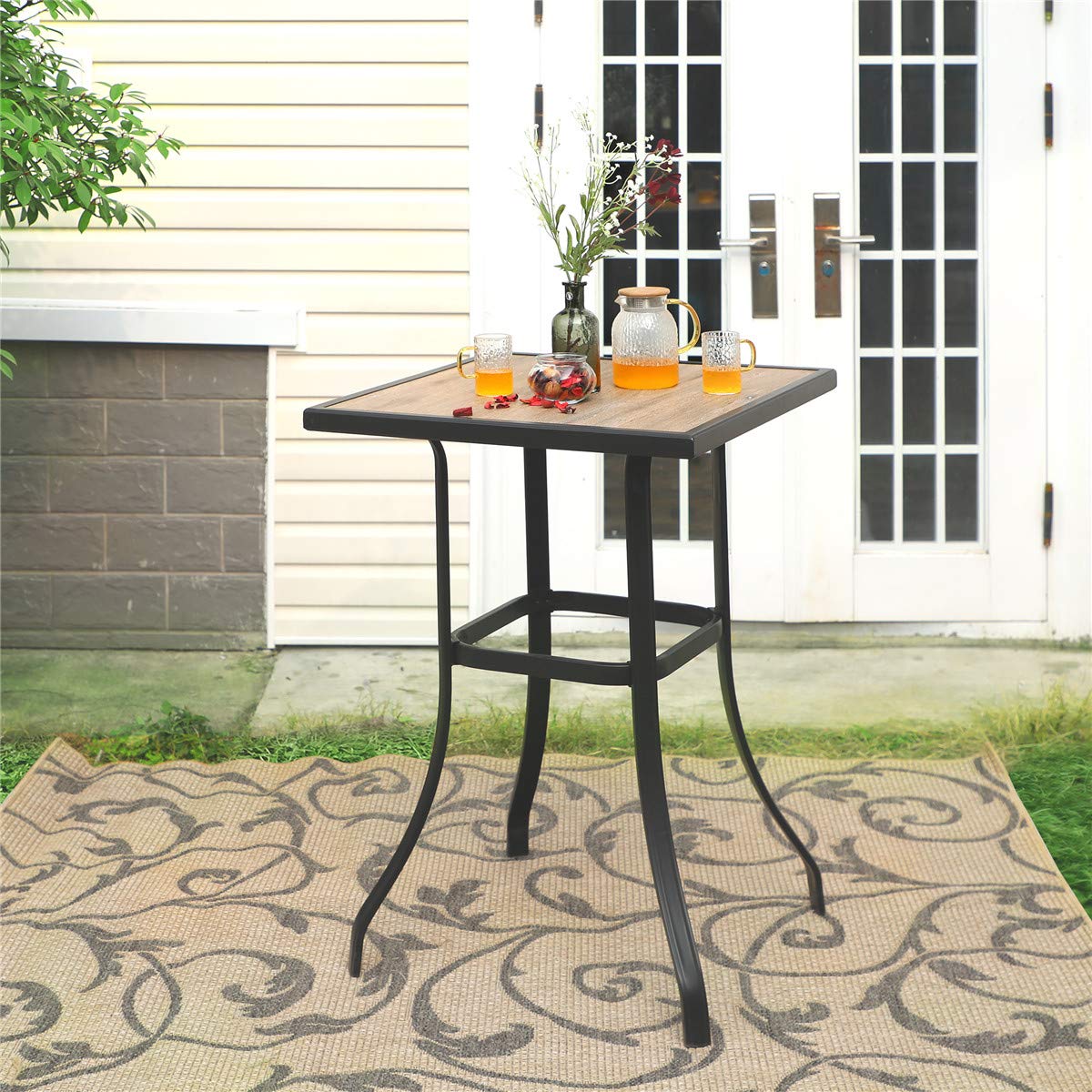 PHI VILLA Patio Bar Table, Outdoor Bar Height Bistro Table with Wooden-Like Table Top & Metal Frame, Brown PHI VILLA
