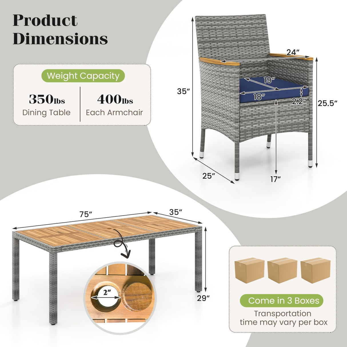 Tangkula 9 Pieces Patio PE Wicker Dining Set, Outdoor Acacia Wood Table and Chairs for 8 with Cushions and 2" Umbrella Hole, Outdoor Dining Furniture Set for Deck, Garden and Yard (Mix Grey+Navy) Tangkula