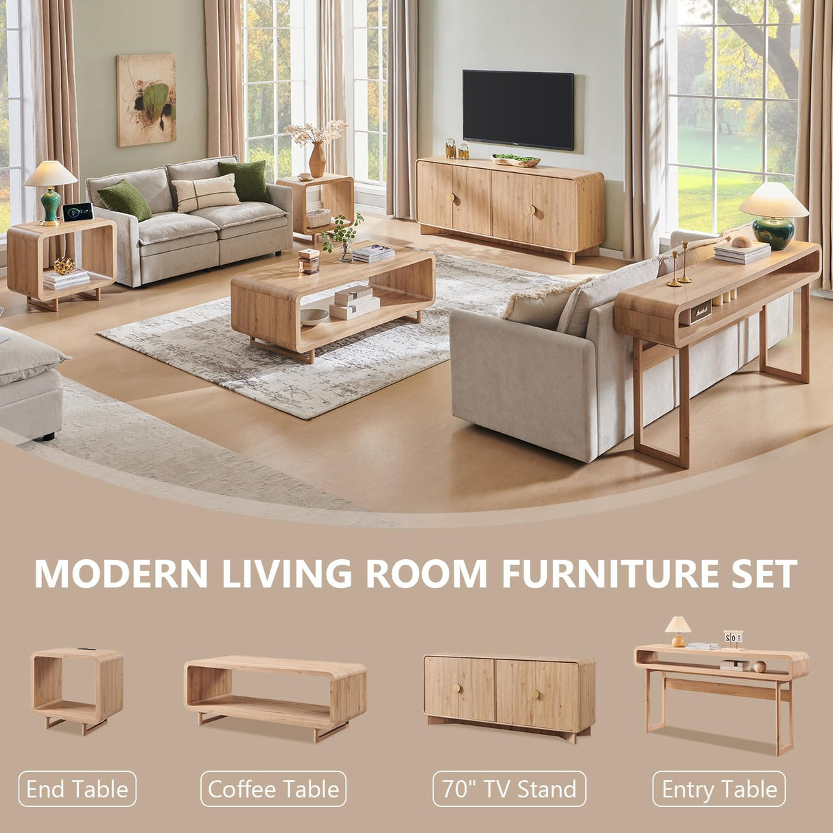 IFGET 48" Modern Coffee Table, 2-Tier Minimalist Center Table with Storage Shelf, Curved Profile Design, Wooden Rectangular Living Room Table w/Wood Thick Design for Living Room, Office, Natural Oak IFGET