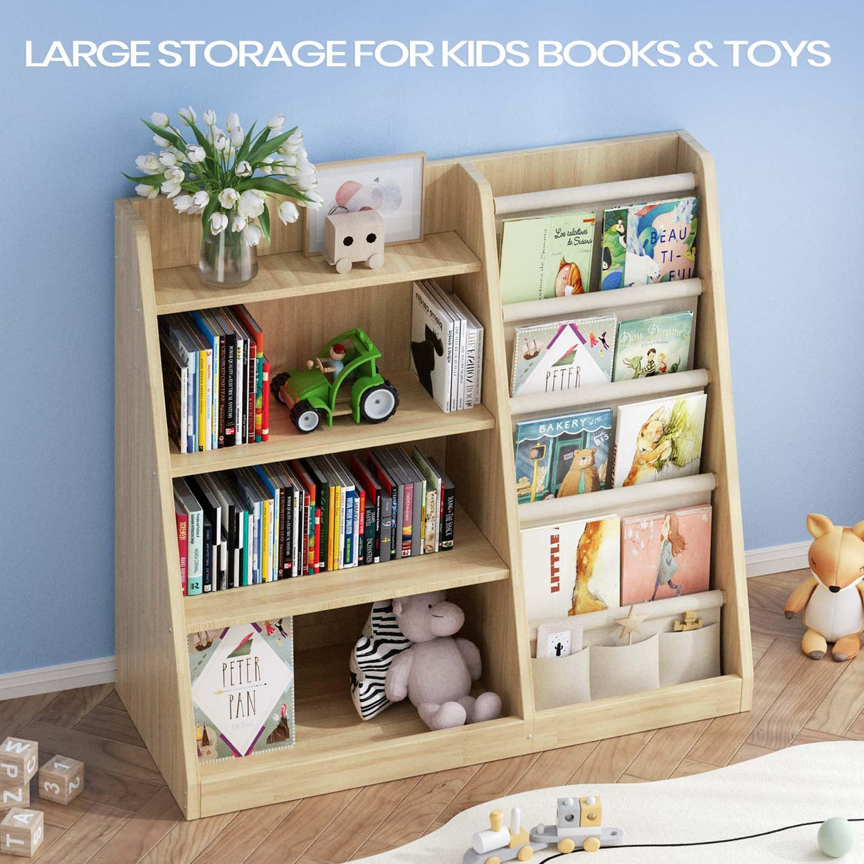 EXPERLAM Kids Bookshelf and Toy Storage Organizer, 4 Tier Wooden Kids Book Shelf with Sling Book Rack in Kids Room Playroom Nursery for Kids, Children, Toddlers EXPERLAM