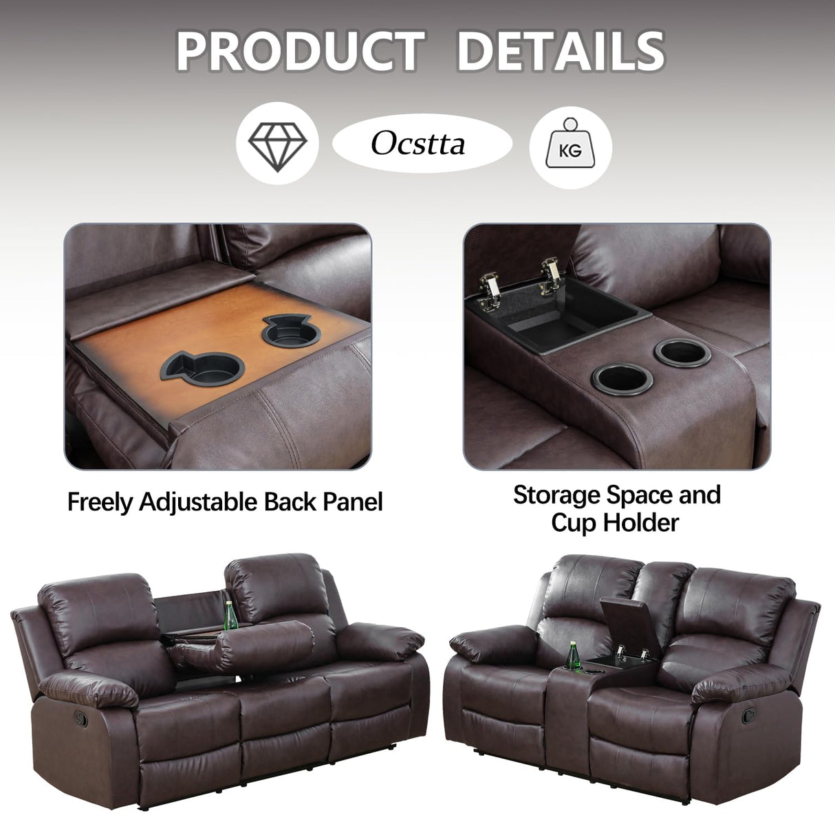 Ocstta Manual Leather Recliner Sofa Set for Living Room Furniture Set,Leather Recliner Couch Set for Home/Office,Leather Reclining Sofa Set for 3-Pieces(Sofa+Loveseat+Chair) Brown Ocstta