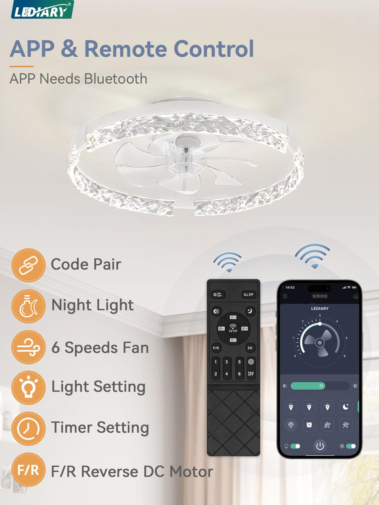 LEDIARY 20 Inch Low Profile Ceiling Fans with Lights and Remote, Fandelier Ceiling Fan Flush Mount, 3000K-6000K Dimmable LED Fan Light, White Modern Ceiling Fans with Lights for Bedroom LEDIARY