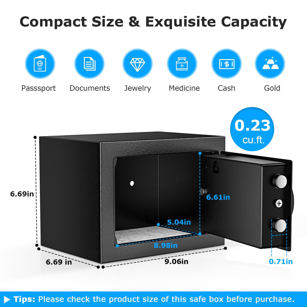 Bonsaii Safe Box with Electronic Keypad, Steel Security Lock Box with Key, 0.23 Cubic Feet, 9.06" W x 6.69" D x 6.69" H, Small Hidden Safe for Cash Jewelry bonsaii